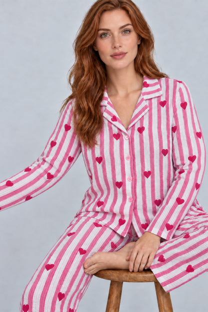 Kadın Uzun Kollu Gömlek Yaka Çizgili Kalpli Pijama Takımı 4770
