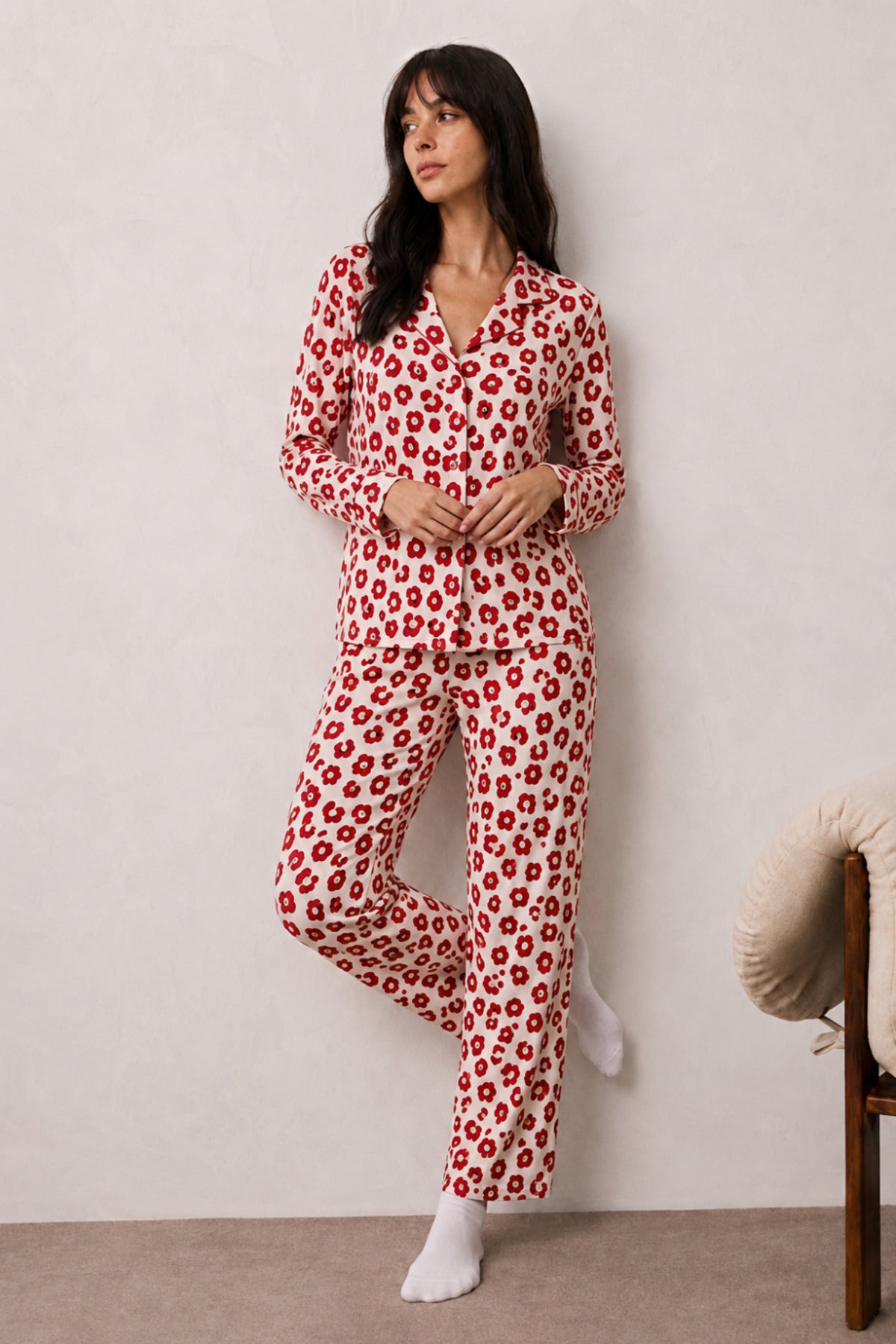 Kadın Uzun Kollu Düğmeli Alt Üst Uyku Pijama Takımı