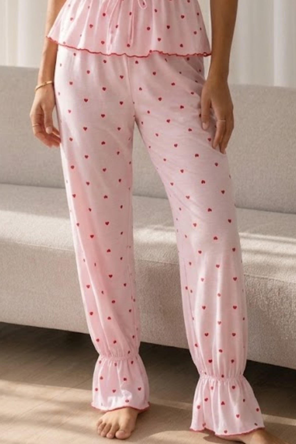 Kadın Baskılı Bağcıklı 2 Parça Pembe Pijama Takımı
