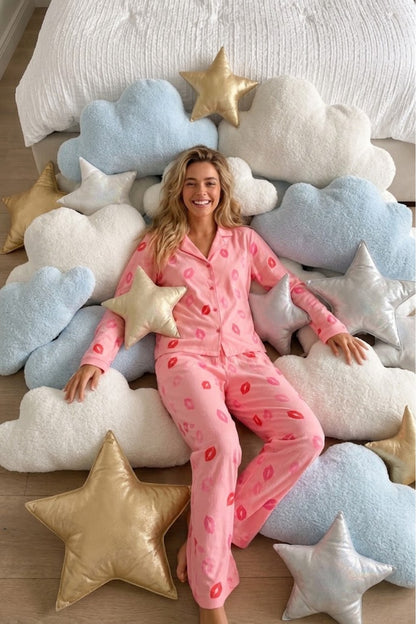 Kadın Gömlek Yaka Uzun Kollu Pembe Pijama Takımı