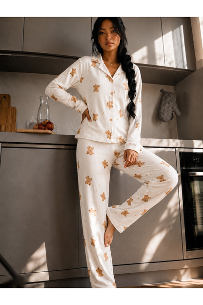 Kadın Düğmeli Gömlek Yaka Ev Giyimi Pijama Takımı