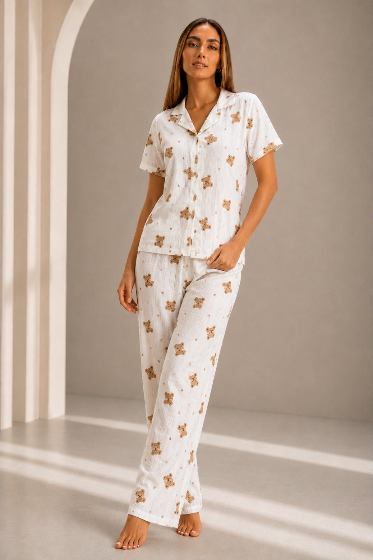 Kadın Kısa Kol Rahat Kalıp Şık Pijama Takımı