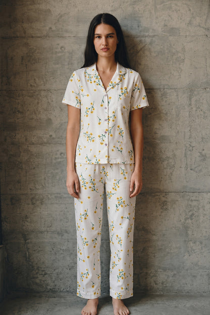 V Yaka Düğmeli Casual Pijama Takımı