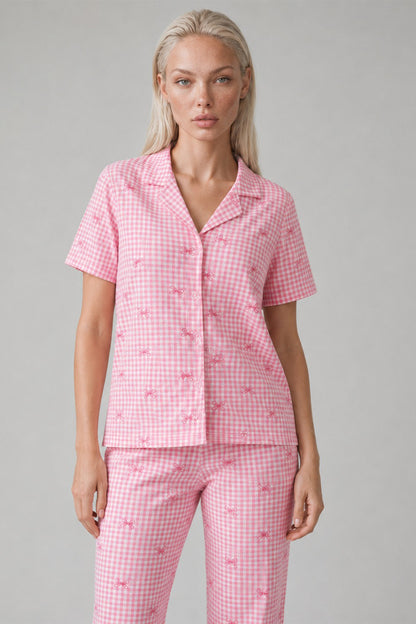 Ekose Fiyonk Desenli Kısa Kollu Pijama Takımı Kadın Düğmeli Uzun Alt Pembe Pijama Takımı 4633