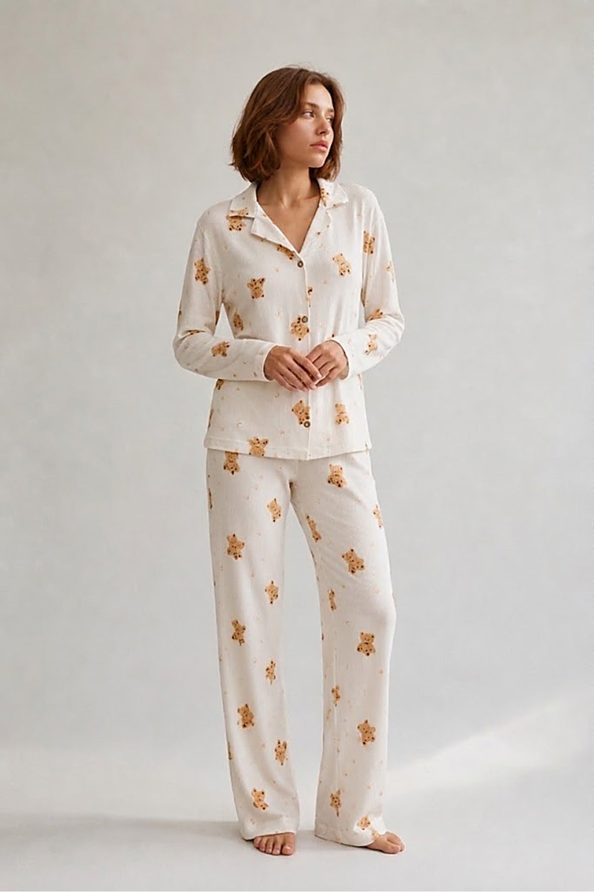 Kadın Gömlek Yaka Düğmeli Gece Giyimi Pijama Takımı
