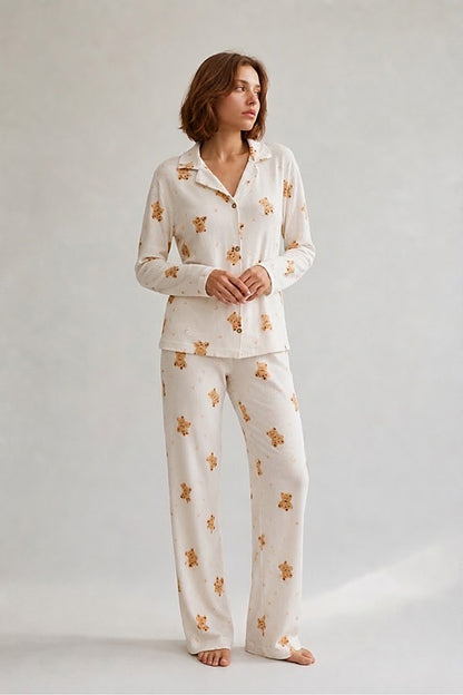 Kadın Gömlek Yaka Düğmeli Gece Giyimi Pijama Takımı