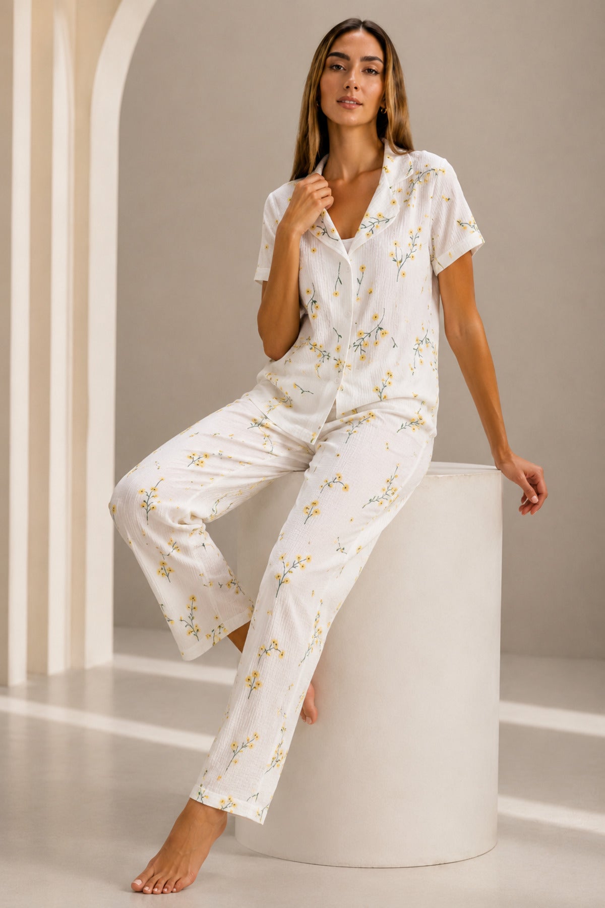 Kadın Kısa Kol Rahat Kalıp Şık Pijama Takımı