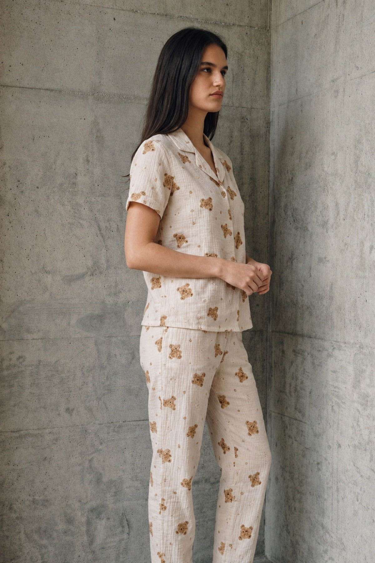 V Yaka Düğmeli Casual Pijama Takımı