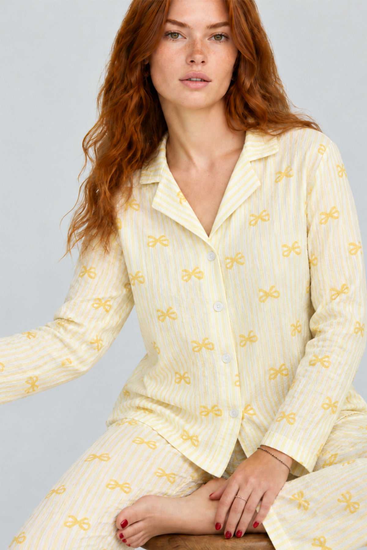 Kadın Çizgili Fiyonk Desenli Kısa Kollu Pijama Takımı 4811