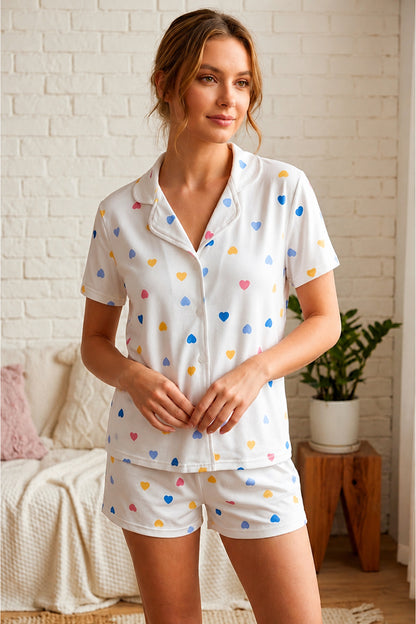 Renkli Kalp Desenli Düğmeli Şortlu Pijama Takımı 4610 -