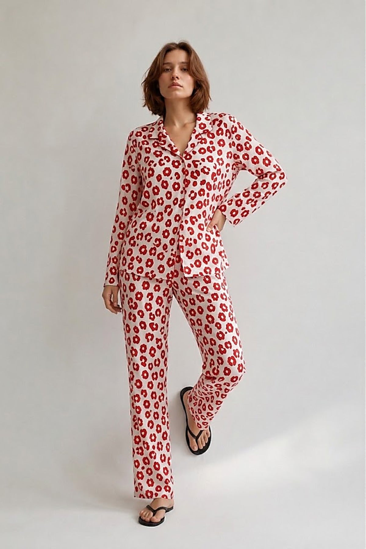 Kadın Gömlek Yaka Düğmeli Gece Giyimi Pijama Takımı