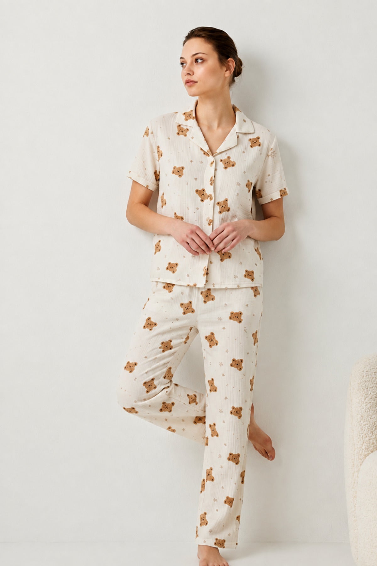 V Yaka Kapama Lastik Bel Pijama Takımı