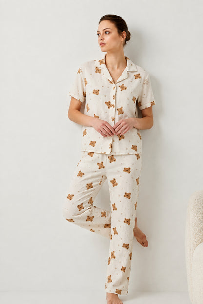 V Yaka Kapama Lastik Bel Pijama Takımı