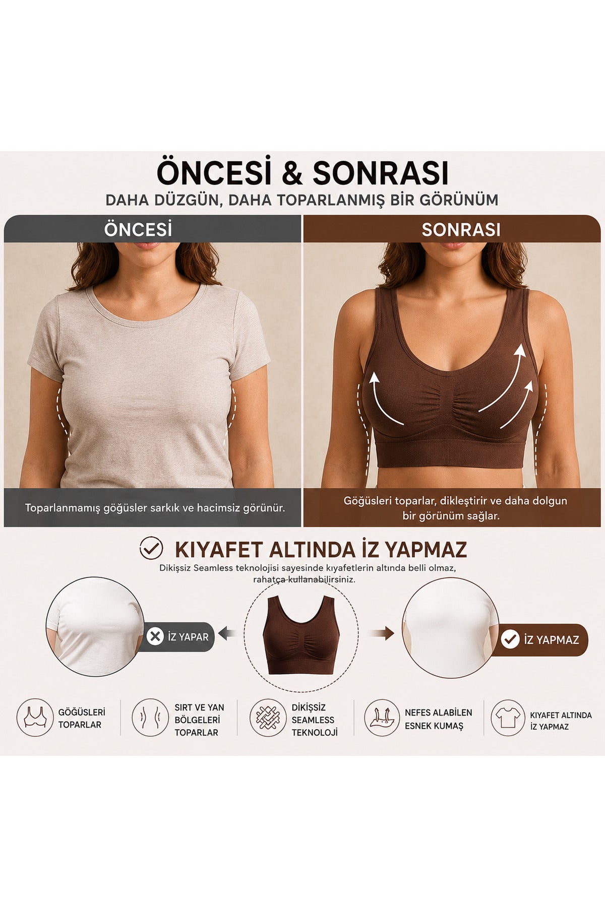 Göğüs Toparlayıcı Dikişsiz Seamless Büstiyer Korse – Kalın Askılı Pedsiz Balensiz Toparlayıcı Sütyen 5050