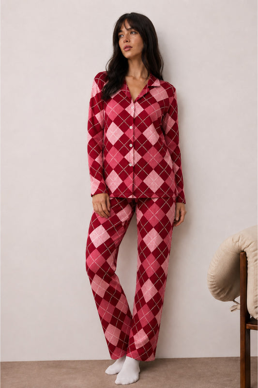 Kadın Düğmeli Kışlık Ev Pijama Takımı