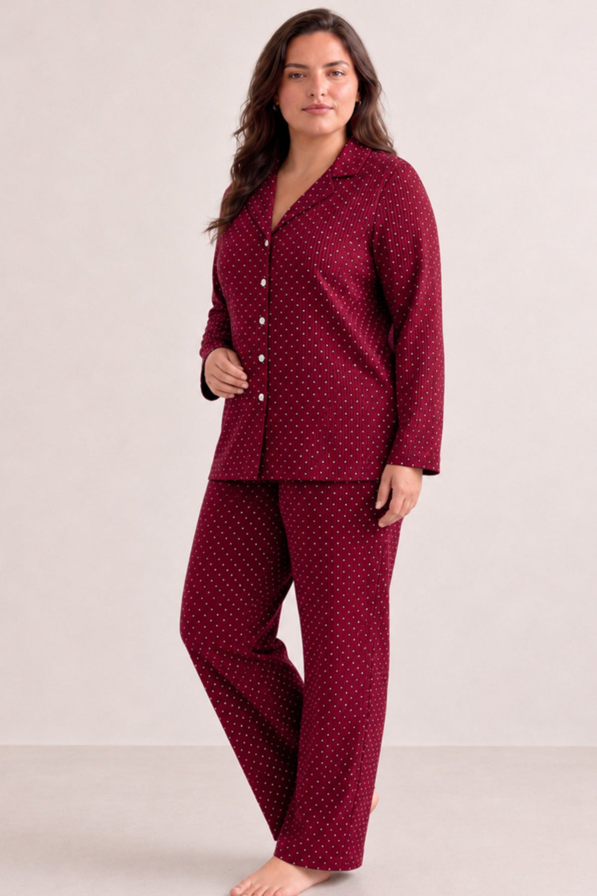 Kadın Puantiyeli Düğmeli Pijama Takımı 852