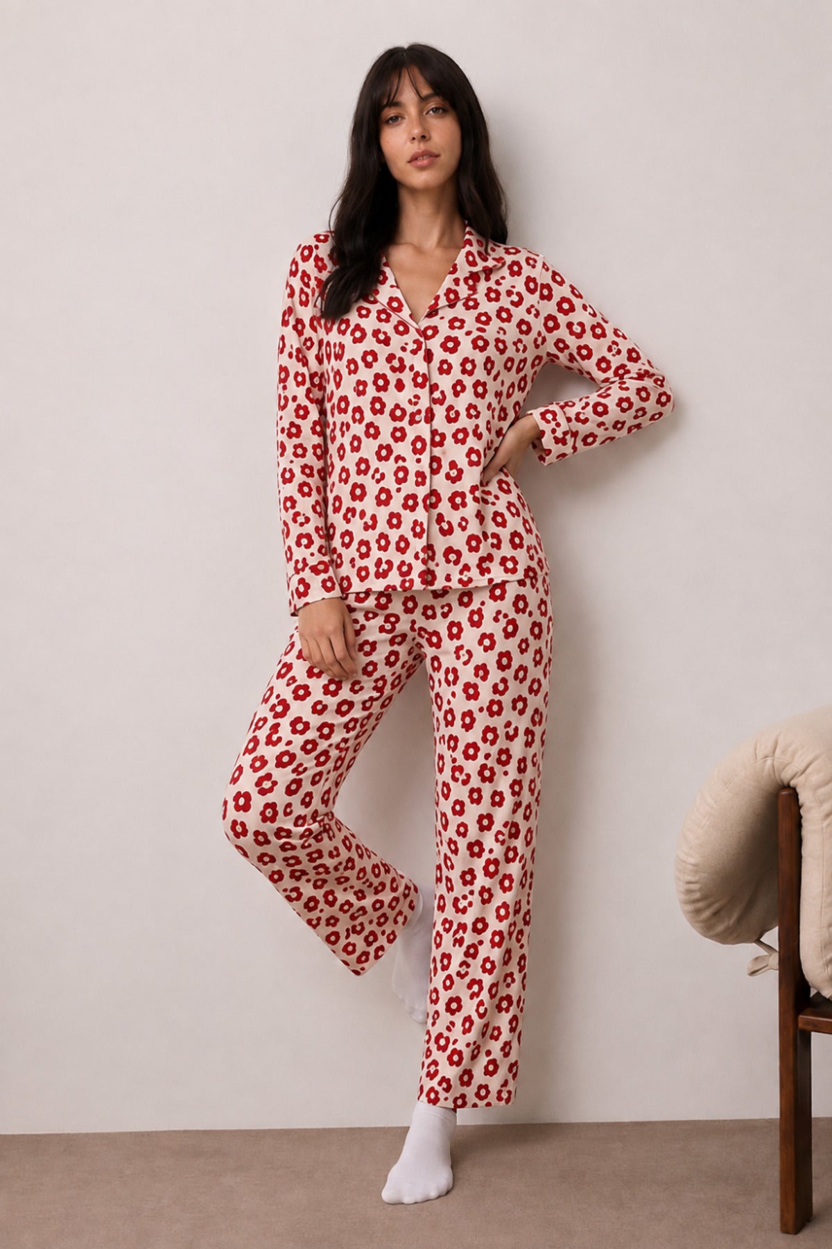 Kadın Uzun Kollu Düğmeli Alt Üst Uyku Pijama Takımı