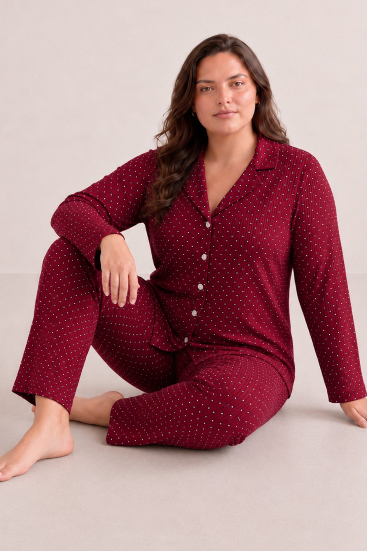 Kadın Puantiyeli Düğmeli Pijama Takımı 852