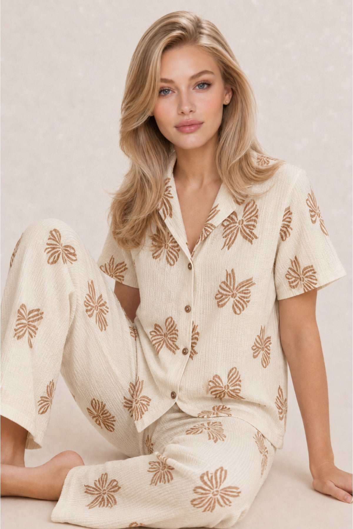 Kadın Kısa Kol Desenli Pijama Takımı 4729