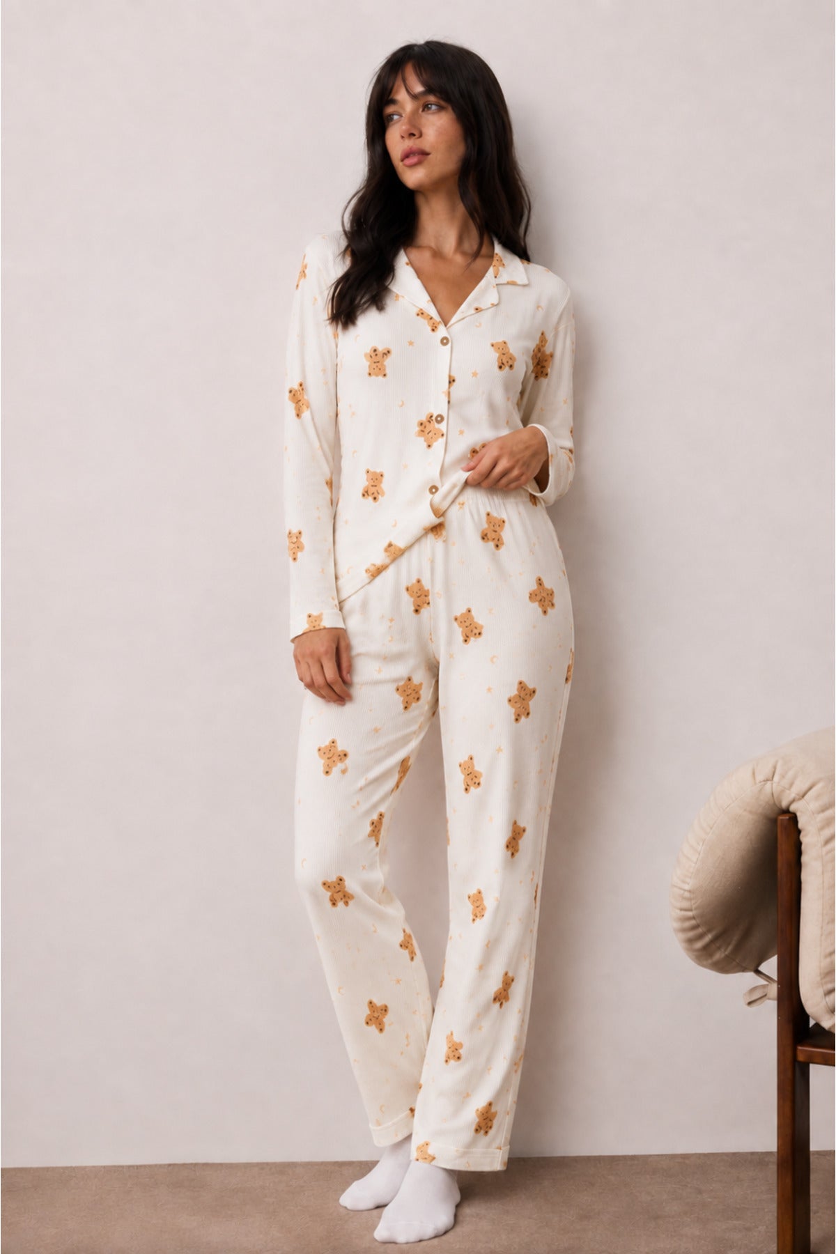 Kadın Uzun Kollu Düğmeli Alt Üst Uyku Pijama Takımı