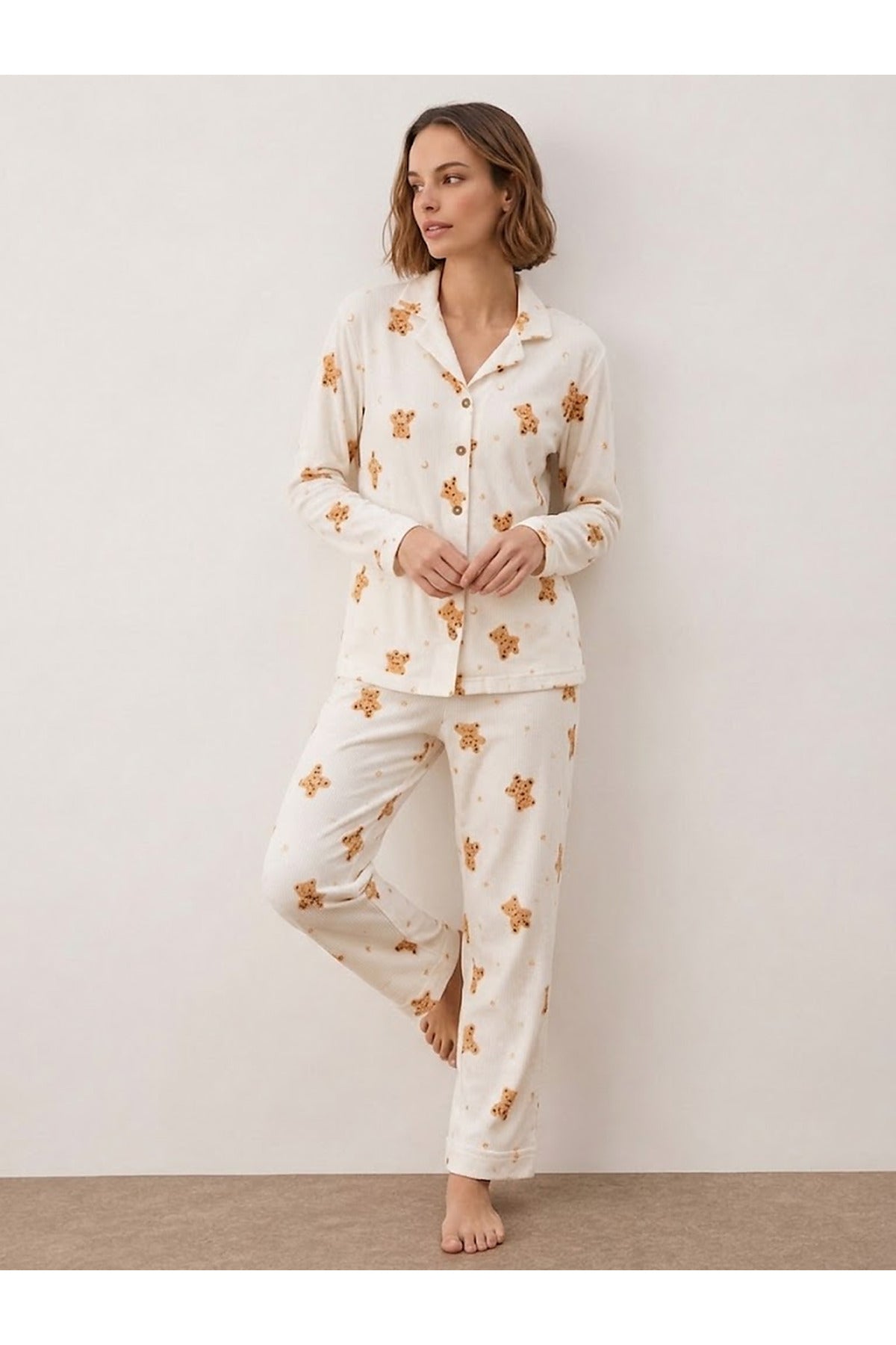 Kadın Gömlek Yakalı Uzun Kollu Pijama Seti