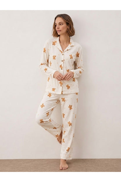 Kadın Gömlek Yakalı Uzun Kollu Pijama Seti