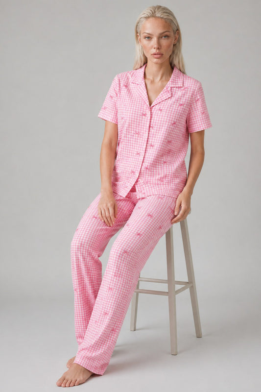 Ekose Fiyonk Desenli Kısa Kollu Pijama Takımı Kadın Düğmeli Uzun Alt Pembe Pijama Takımı 4633