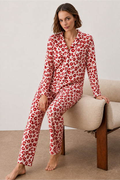Kadın Gömlek Yakalı Uzun Kollu Pijama Seti