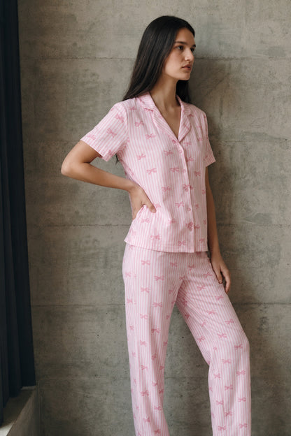 V Yaka Düğmeli Casual Pijama Takımı