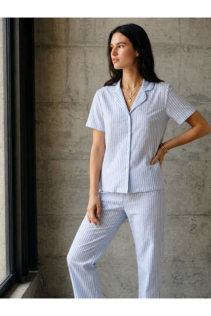 V Yaka Düğmeli Casual Pijama Takımı
