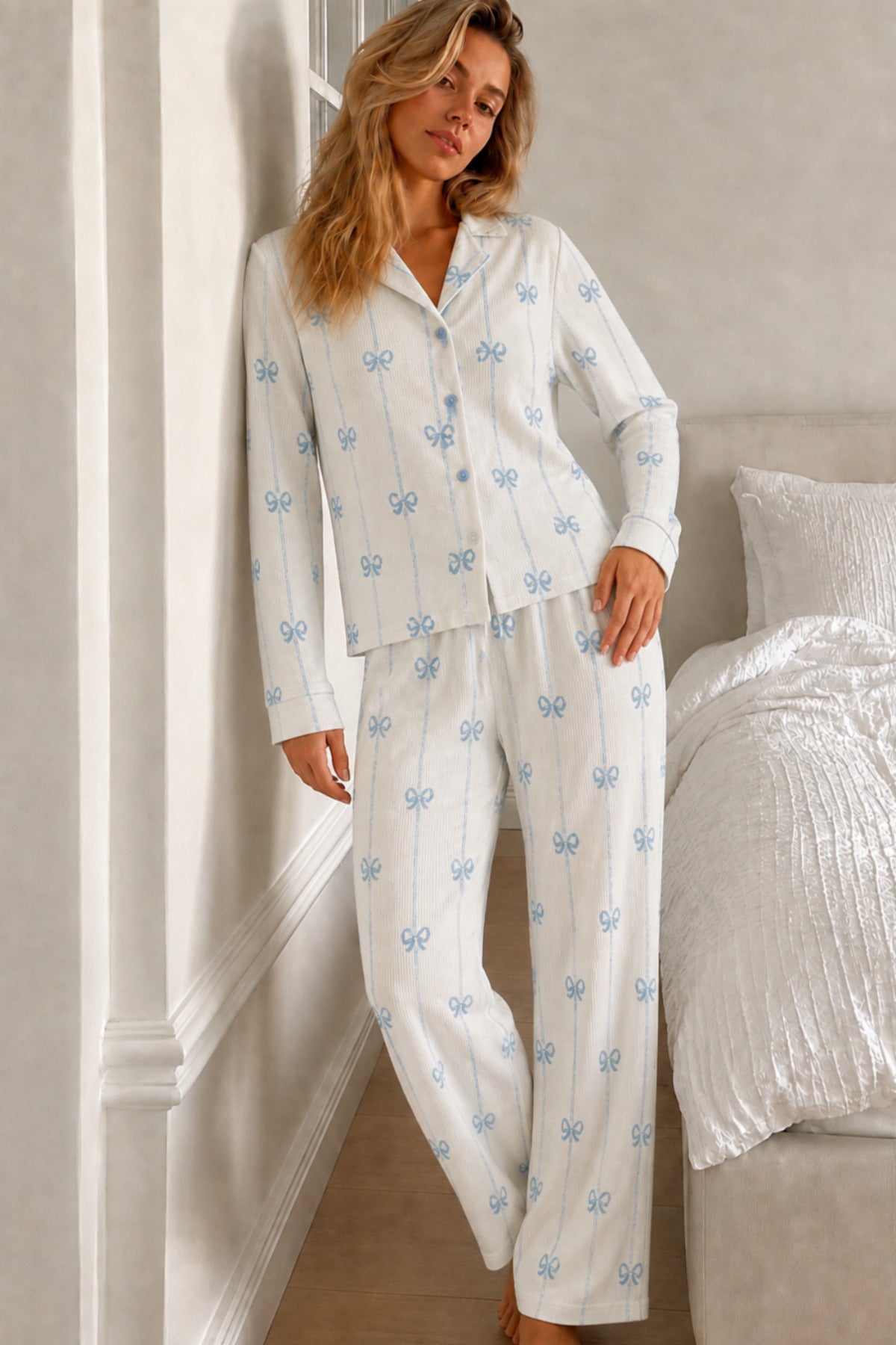 Kadın Desenli Düğmeli Uzun Kollu Pijama Takımı