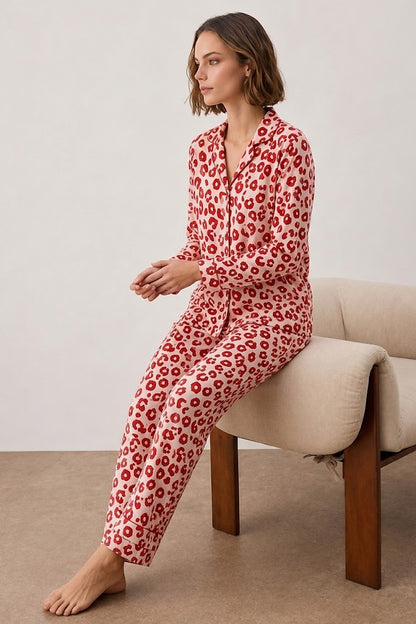 Kadın Gömlek Yakalı Uzun Kollu Pijama Seti