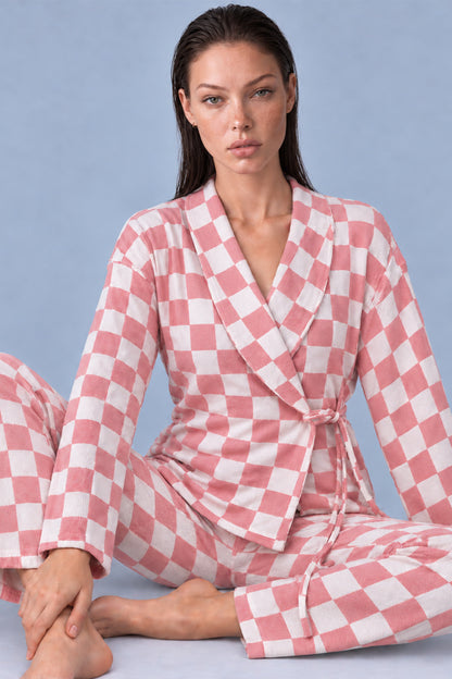 Kadın Kruvaze Yaka Kareli Beli Kuşaklı Pembe Pijama Takımı 4785
