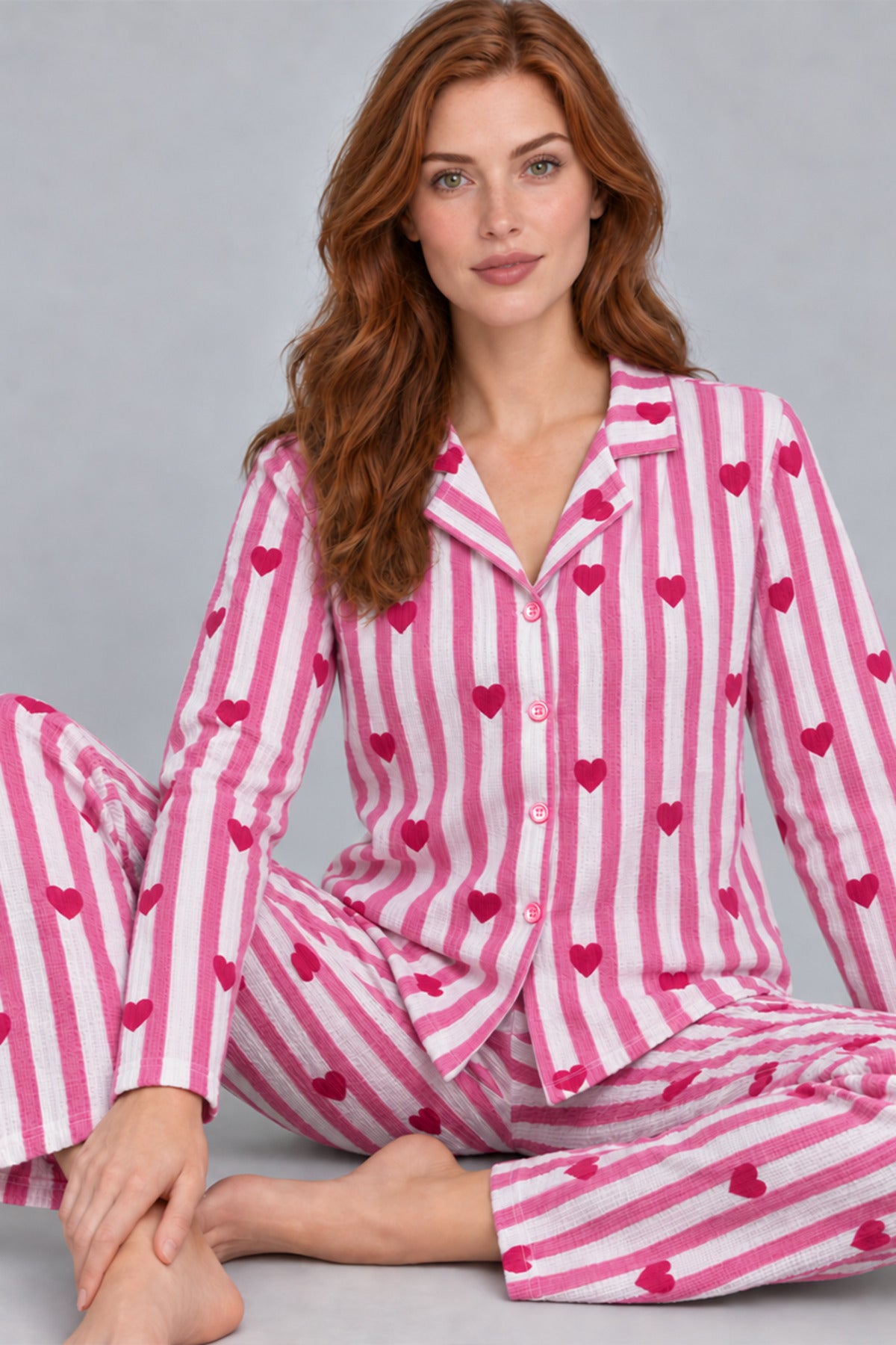 Kadın Uzun Kollu Gömlek Yaka Çizgili Kalpli Pijama Takımı 4770