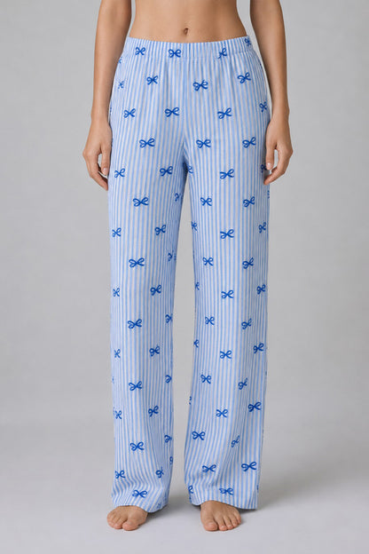 Mavi Kurdele Desenli Çizgili Bürümcük Pijama Takımı 4645-mavi
