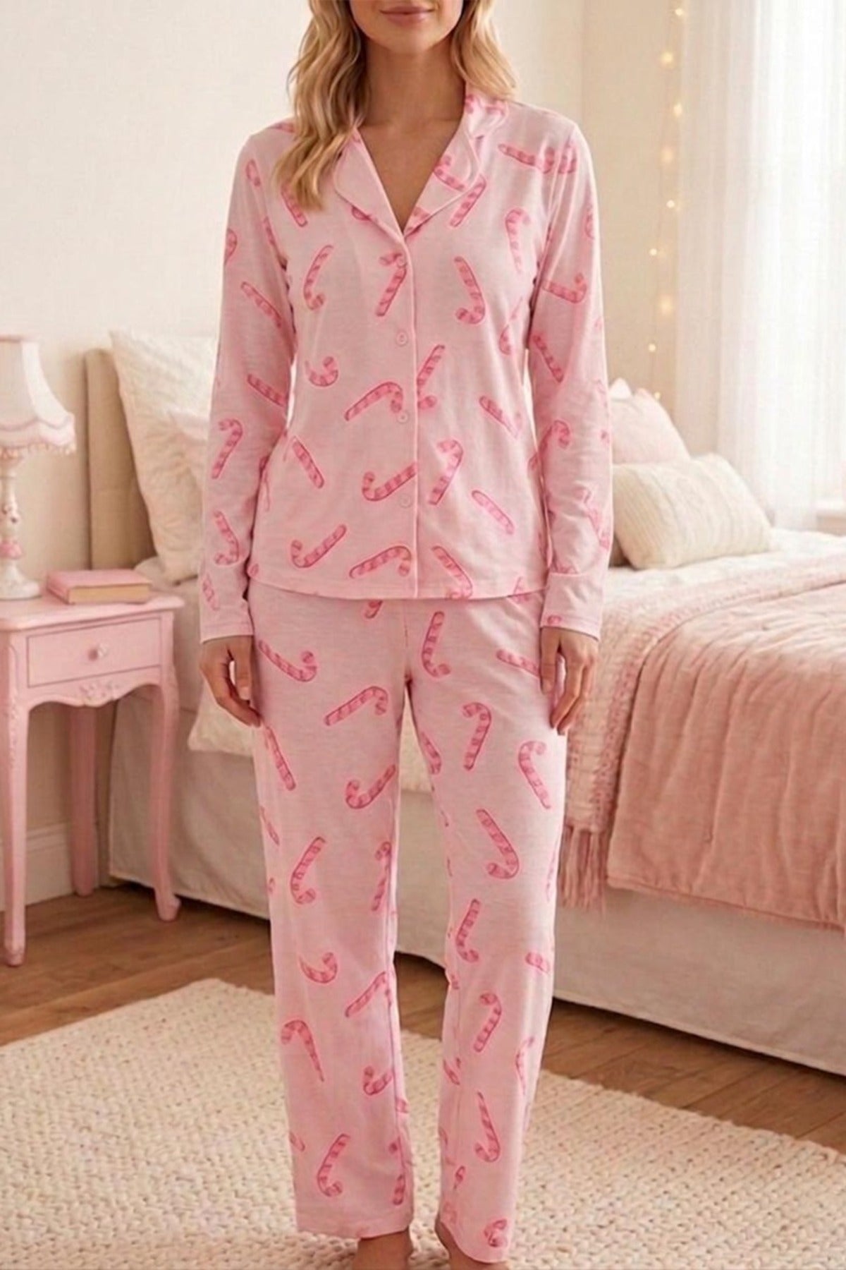 Baston Şeker Desenli Uzun Kollu Pijama Takımı 4601 -
