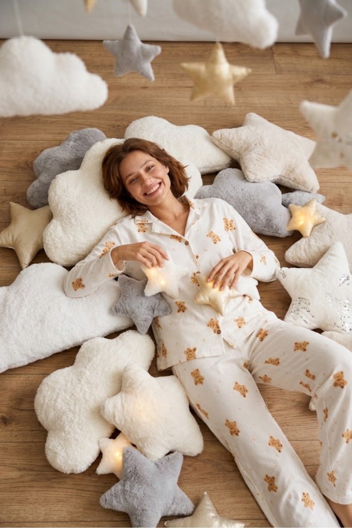 Kadın Gömlek Yaka Düğmeli Gece Giyimi Pijama Takımı
