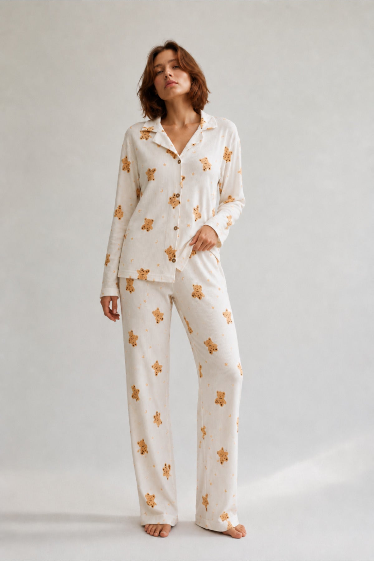 Kadın Gömlek Yaka Düğmeli Gece Giyimi Pijama Takımı