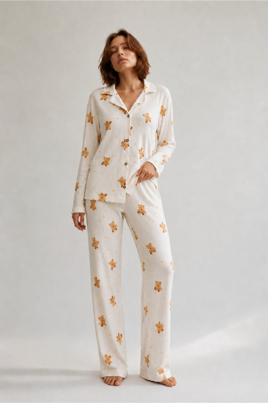 Kadın Gömlek Yaka Düğmeli Gece Giyimi Pijama Takımı