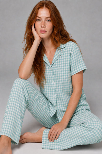 Çiçek Baskılı Bürümçük Kumaş Kısa Kollu Pijama Takımı 6067