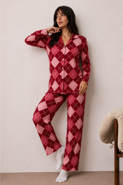 Kadın Düğmeli Kışlık Ev Pijama Takımı