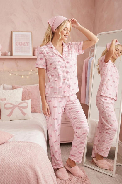 Çiçek Baskılı Bürümçük Kumaş Kısa Kollu Pijama Takımı 6067