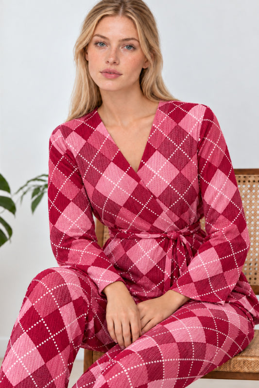 Kadın Desenli Ev Stili Kuşaklı Pijama Takımı 4808