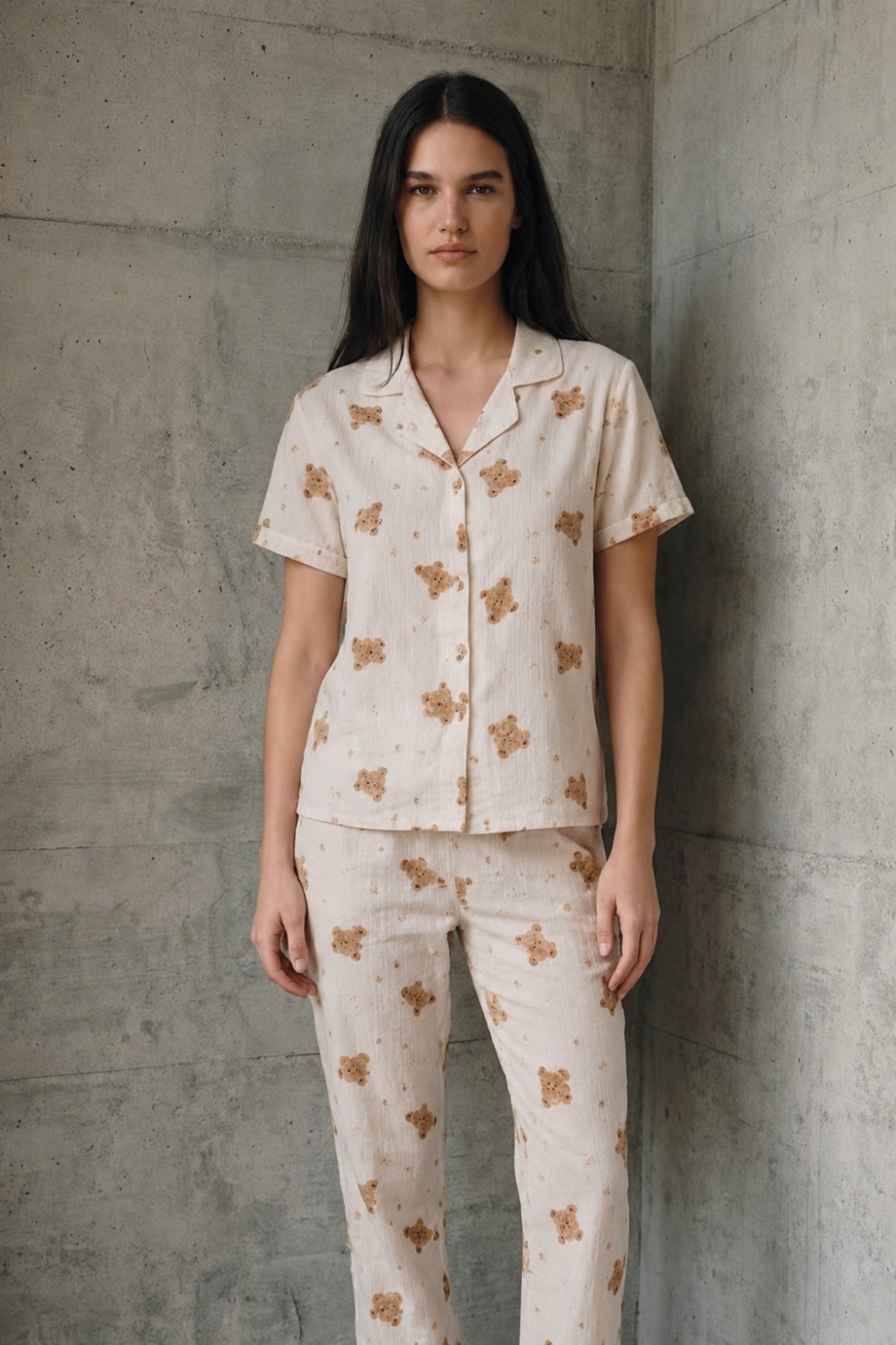 V Yaka Düğmeli Casual Pijama Takımı