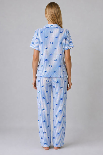 Mavi Kurdele Desenli Çizgili Bürümcük Pijama Takımı 4645-mavi