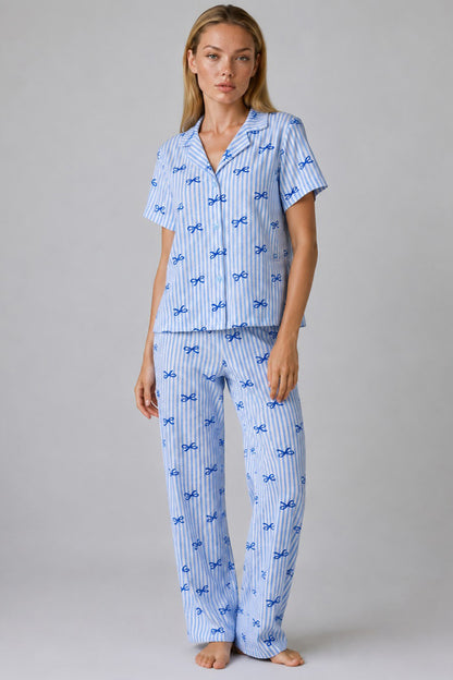 Mavi Kurdele Desenli Çizgili Bürümcük Pijama Takımı 4645-mavi