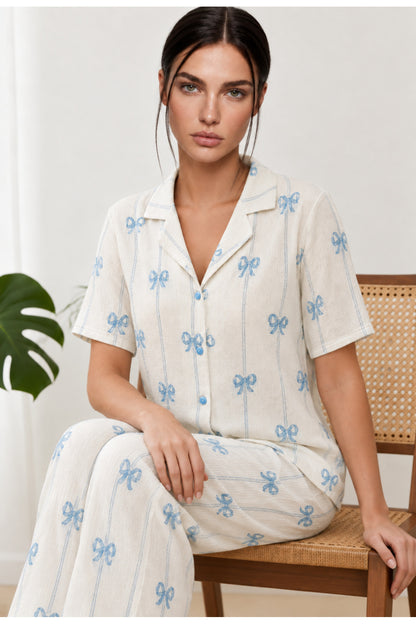 Kadın Uzun Kollu Gömlek Yaka Çizgili Kalpli Pijama Takımı 4770