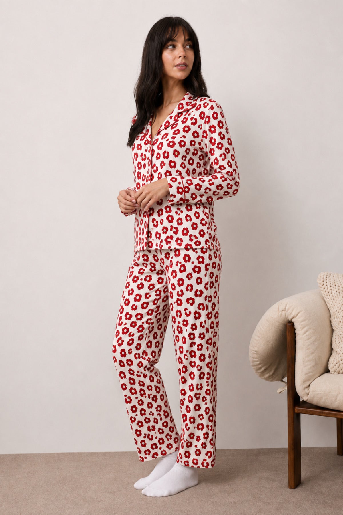 Kadın Uzun Kollu Düğmeli Alt Üst Uyku Pijama Takımı