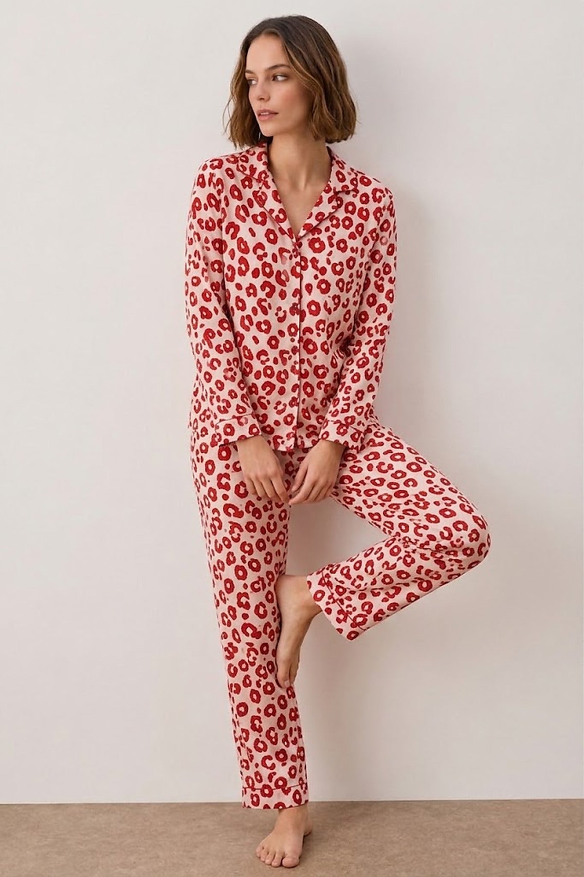Kadın Gömlek Yakalı Uzun Kollu Pijama Seti