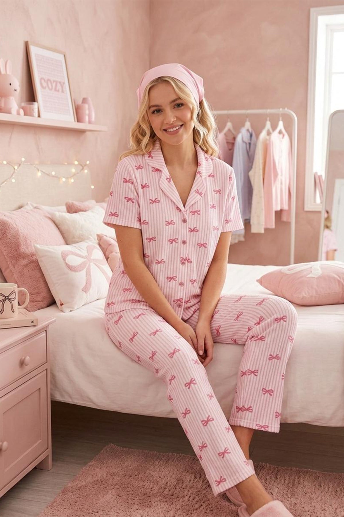 Çiçek Baskılı Bürümçük Kumaş Kısa Kollu Pijama Takımı 6067
